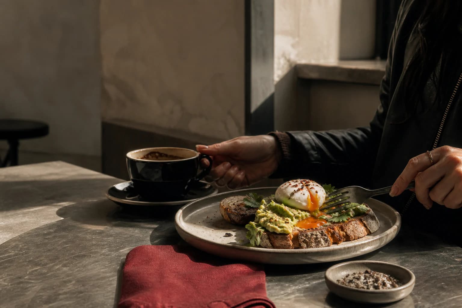 Kaffeetasse und Teller mit Avocadobrot und pochiertem Ei auf einem Tisch