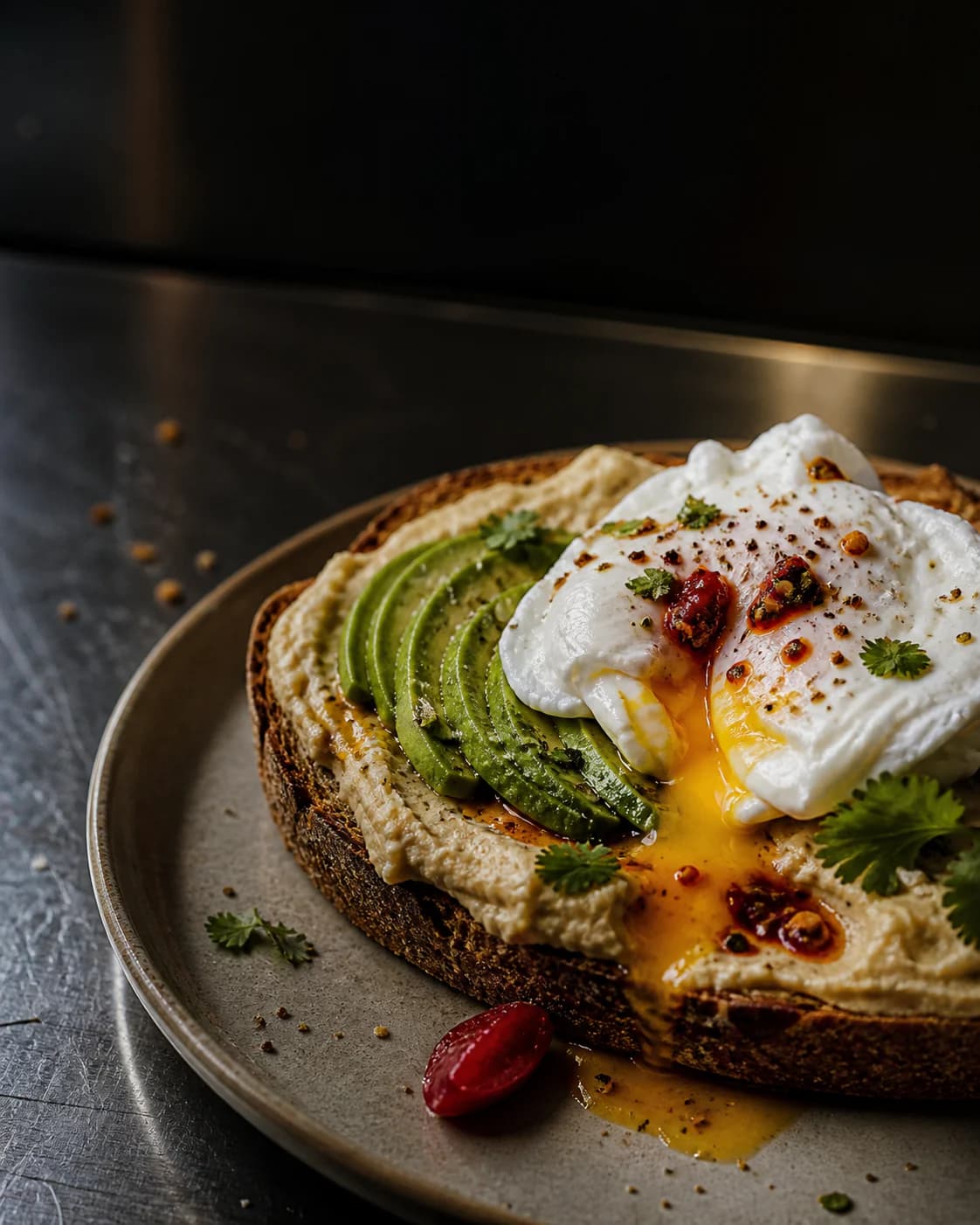 Sauerteigbrot mit Hummus, Avocado und pochiertem Ei